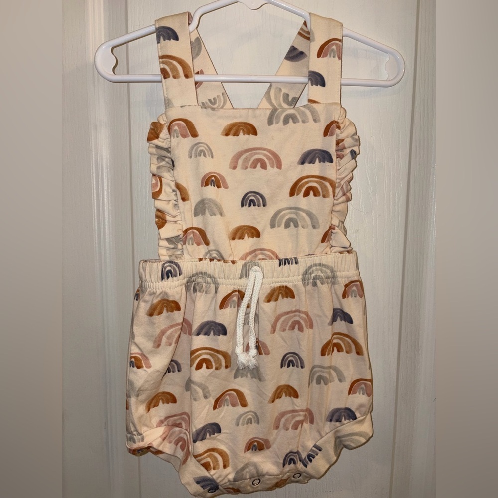 Neutral Rainbow Print Baby Romper with Ruffle Straps